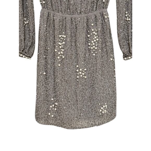 ASOS Silver Pearl Embellished Beaded Cocktail Mini Dress Long Sleeve Party 0 - Picture 8 of 10
